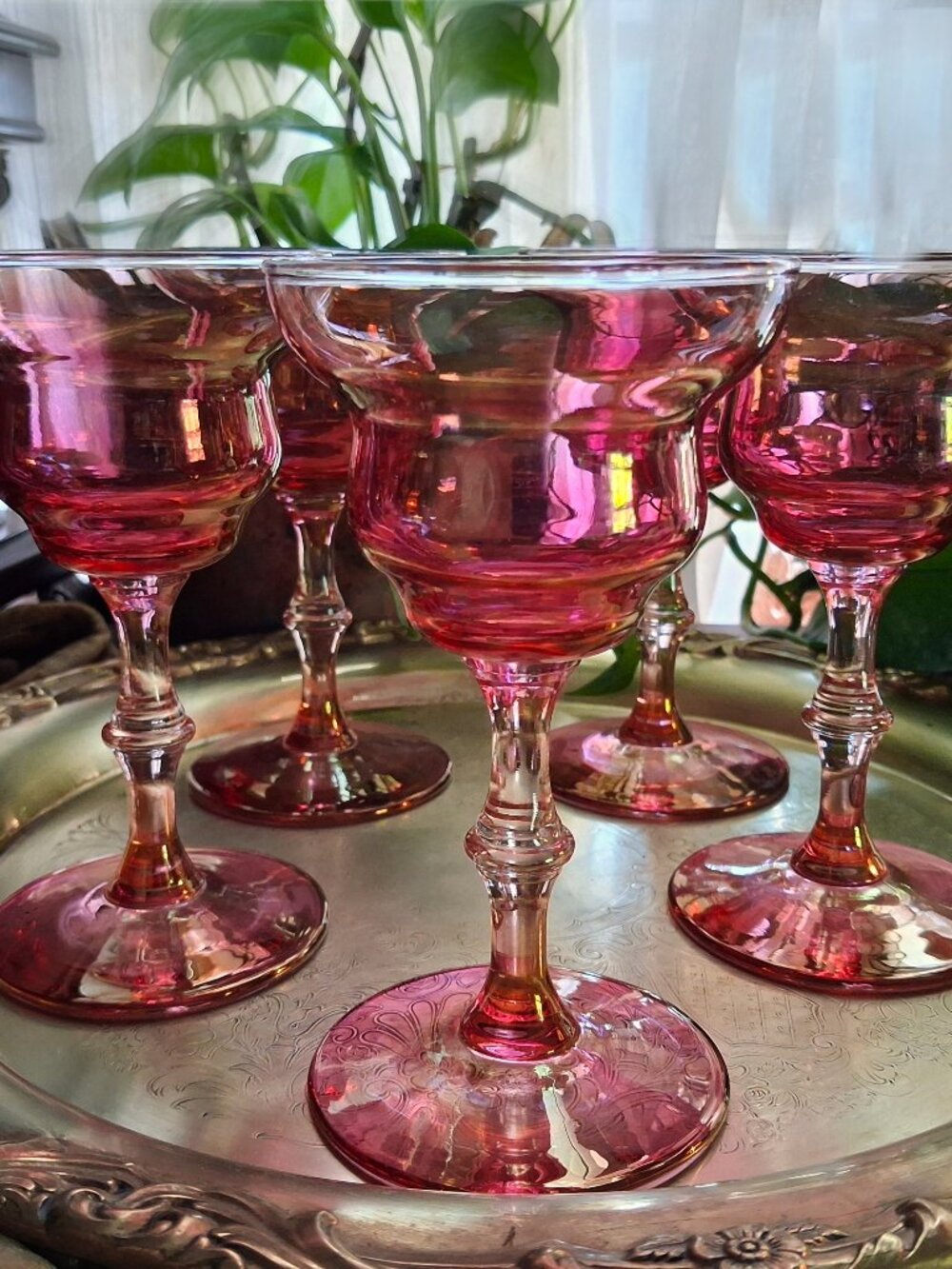 MCM Vintage Cranberry Gold Luster Cocktail Champagne Sherbet Glass Coupes Set 5